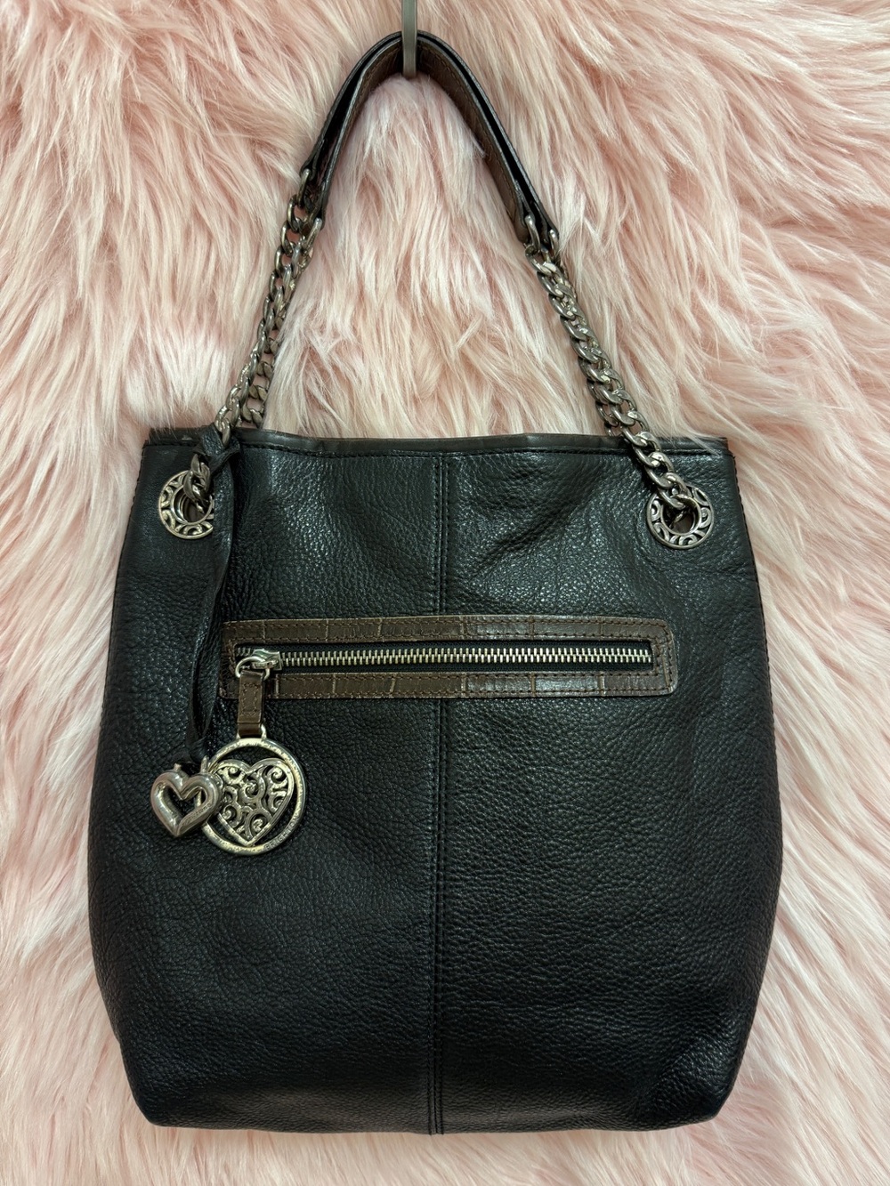 Brighton Black and Brown Leather Chain-Handle Shoulder Bag with Heart Charm